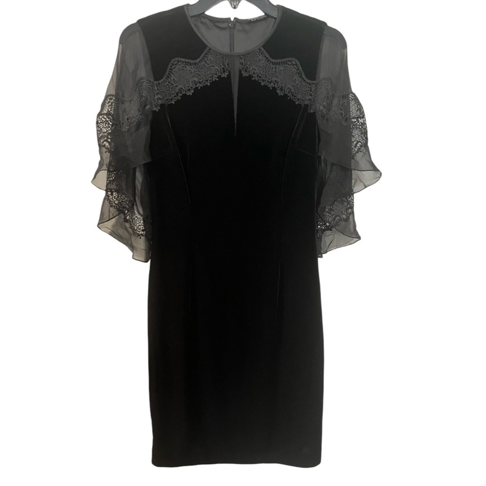 Elie Tahari Black Velvet Dress Sheer Flutter Sleeves Dress Size 6
